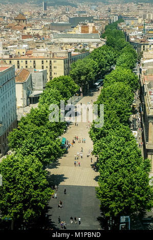 Panoramic view of the famous La Rambla, the most popular touristic pedestrian street in Barcelona, Catalonia, Spain. Stock Photo