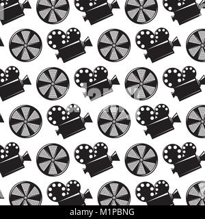 seamless pattern movie camera projector and reel film vector illustration Stock Vector