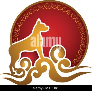 Chinese label with dog silhouette Stock Vector
