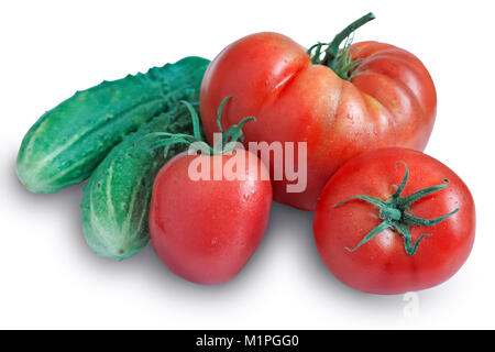 Three ripe tomatoes and cucumbers on white background Stock Photo