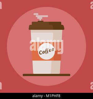 Coffee cup icon with text coffee on red background. Flat vector illustration Stock Vector