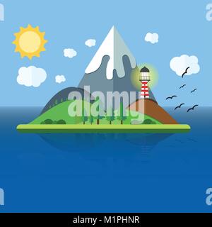 Paradise Island with mountain, hill, tree and birds. Summer time holiday voyage concept. Illustration in flat style. Travel background. Stock Vector