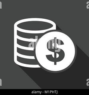 Money icon with shadow on black background. Coins vector illustration in flat style. Icons for design, website. Stock Vector
