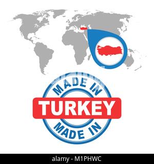 Made in Turkey stamp. World map with red country. Vector emblem in flat style on white background. Stock Vector