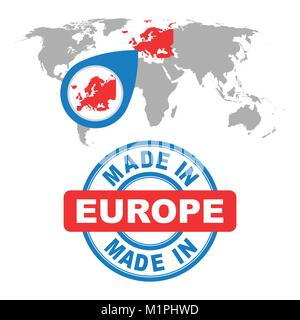 Made in Europe stamp. World map with red country. Vector emblem in flat style on white background. Stock Vector