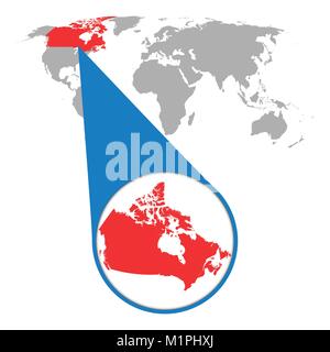 World map with zoom on Canada. Map in loupe. Vector illustration in flat style Stock Vector
