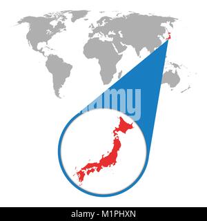World map with zoom on Japan. Map in loupe. Vector illustration in flat style Stock Vector