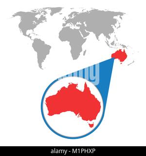 vector illustration in flat style world map with zoom on australia map in loupe vector illustration in flat style