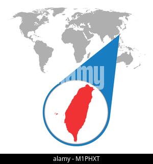 World map with zoom on Taiwan. Map in loupe. Vector illustration in flat style Stock Vector