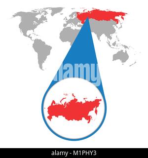 World map with zoom on Russia. Russian Federation map in loupe. Vector illustration in flat style Stock Vector