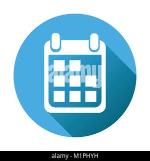 Calendar icon on blue round background, vector illustration. Flat style. Icons for design, website. Stock Vector