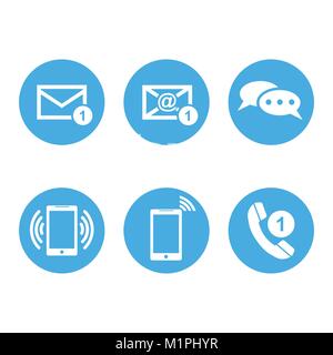 Contact buttons set icons. Email, envelope, phone, mobile. Vector illustration in flat style on round blue background. Stock Vector
