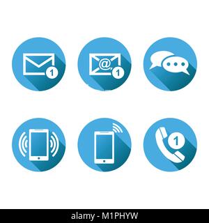 Contact buttons set icons. Email, envelope, phone, mobile. Vector illustration in flat style on round blue background with shadow. Stock Vector