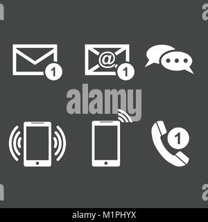 Contact buttons set icons. Email, envelope, phone, mobile. Vector illustration in flat style on black background. Stock Vector
