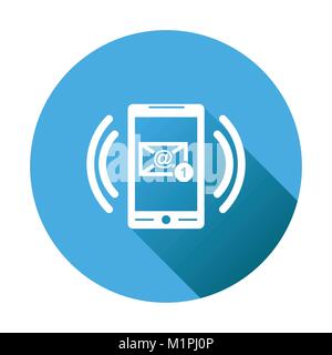 Smart phone with Email symbol on the screen. Vector illustration in flat style on round blue background. Stock Vector