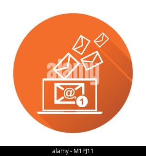 Email message on laptop. Vector illustration in flat style on orange round background. Stock Vector