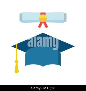 Graduation cap and diploma scroll icon vector illustration in flat style. Finish education symbol. Celebration element. Colorful graduation cap with d Stock Vector