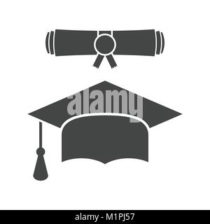 Graduation cap and diploma scroll icon vector illustration in flat style. Finish education symbol. Celebration element. Black graduation cap with dipl Stock Vector