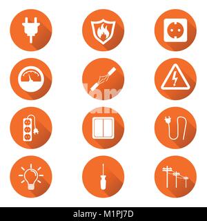 Electricity icon. Vector illustration in flat style on orange circle background with shadow. Stock Vector