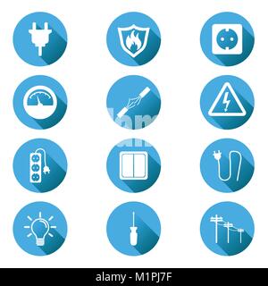 Electricity icon. Vector illustration in flat style on blue circle background with shadow. Stock Vector