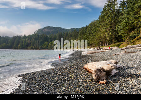 Driftwood, young boy running on pebble beach, fog rolling in, Pacific shoreline, French Beach Provincial Park, Southern Vancouver Island, BC, Canada Stock Photo