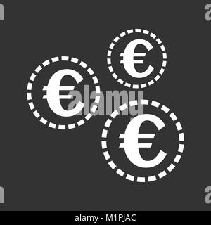 Euro coins icon. Vector illustration in flat style. White coin on black background. Stock Vector