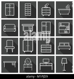 Furniture icons set. Flat vector illustration on black background. Universal icon for web design. Stock Vector