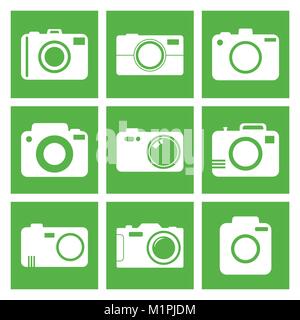 Camera icon set on green background. Vector illustration in flat style with photography icons. Stock Vector