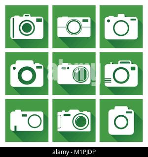 Camera icon set on green background with long shadow. Vector illustration in flat style with photography icons. Stock Vector