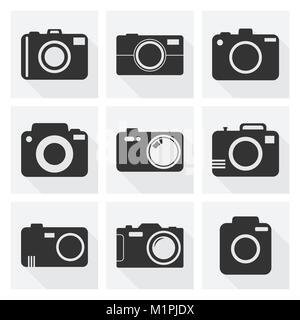 Camera icon set on white background with long shadow. Vector illustration in flat style with photography icons. Stock Vector