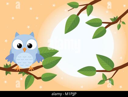 Colorful tree with cute owl. Cartoon bird in sunny forest. Flat vector illustration. Stock Vector