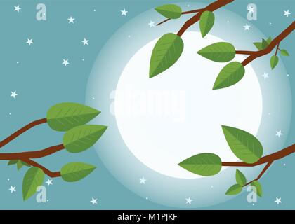 Cartoon sunset. Flat vector illustration, trees, leaf, moon and night. Stock Vector