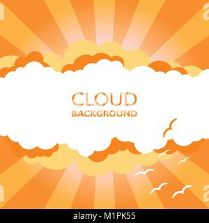 Clouds in the sky with sun rays. Flat vector illustration in cartoon style. Orange colorful background. Stock Vector