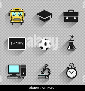 Education school icon set on transparent background. Chalkboard bus cap schoolbag microscope flask stopwatch computer ball which symbolize chemistry p Stock Vector