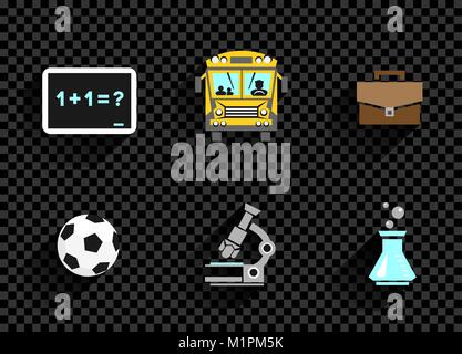 Education school icon set on dark black transparent background. Chalkboard bus schoolbag microscope flask ball which symbolize science chemistry physi Stock Vector