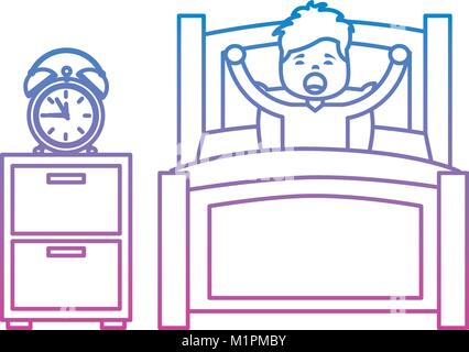 boy wake up stretching in wooden bed with bedside table clock Stock Vector