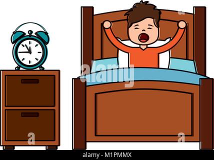 boy wake up stretching in wooden bed with bedside table clock Stock Vector