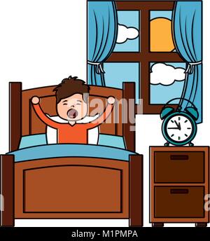 boy wake up stretching in wooden bed room bedside table clock window Stock Vector