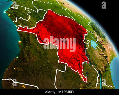 Early morning view of Democratic Republic of Congo highlighted in red on planet Earth with visible border lines and city lights. 3D illustration. Elem Stock Photo
