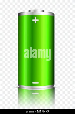 Vector full charge abstract green power battery. Realistic illustration on transparent background. Stock Vector