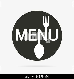 Menu round flat icon with shadow and stylized shape of fork and spoon. Stock Vector