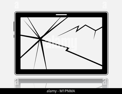 Broken tablet with cracked touch screen, flat icon pictogram with reflection and shadow isolated on white background. Vector illustration. Stock Vector
