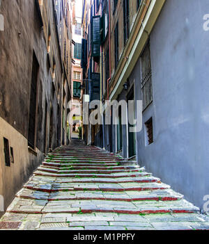 A narrow alley with stone staircase in the ancient center of Genoa, Italy. Stock Photo