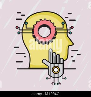 silhouette man with gear and hand circuits vector illustration Stock Vector