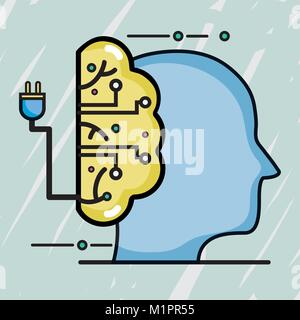 silhouette man with brain circuits connection vector illustration Stock Vector