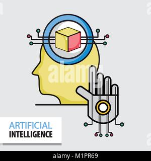 silhouette man with cube and hand circuits vector illustration Stock Vector