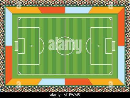 Aerial view of a soccer field drawn with white line on a green background with spaces for advertising around the court and spectators filling the stad Stock Vector