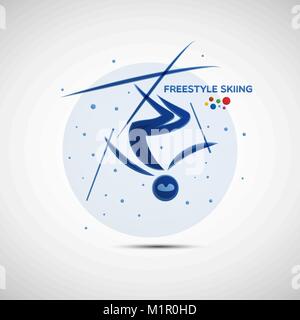 Freestyle Skiing championship banner. Winter sports icon. Abstract sportsman silhouette. Vector illustration of freestyle skier doing a somersault Stock Vector