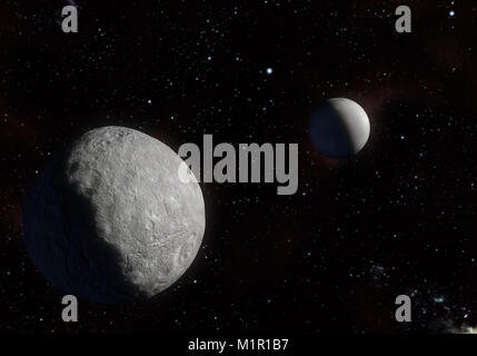 This image is a concept of the Orcus dwarf planet and your moon Dysnomia in a precise and scientific artwork design.This is a 3d rendering. Stock Photo