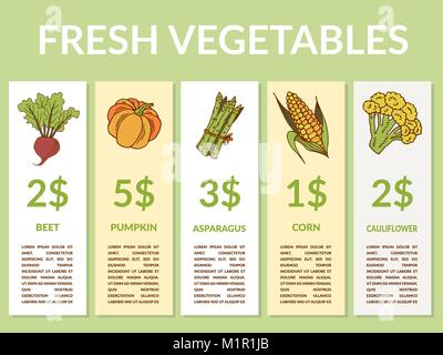 Labels with various vegetables and inscriptions. Stock Vector